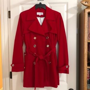 Bright red, Calvin Klein double-breasted jacket.